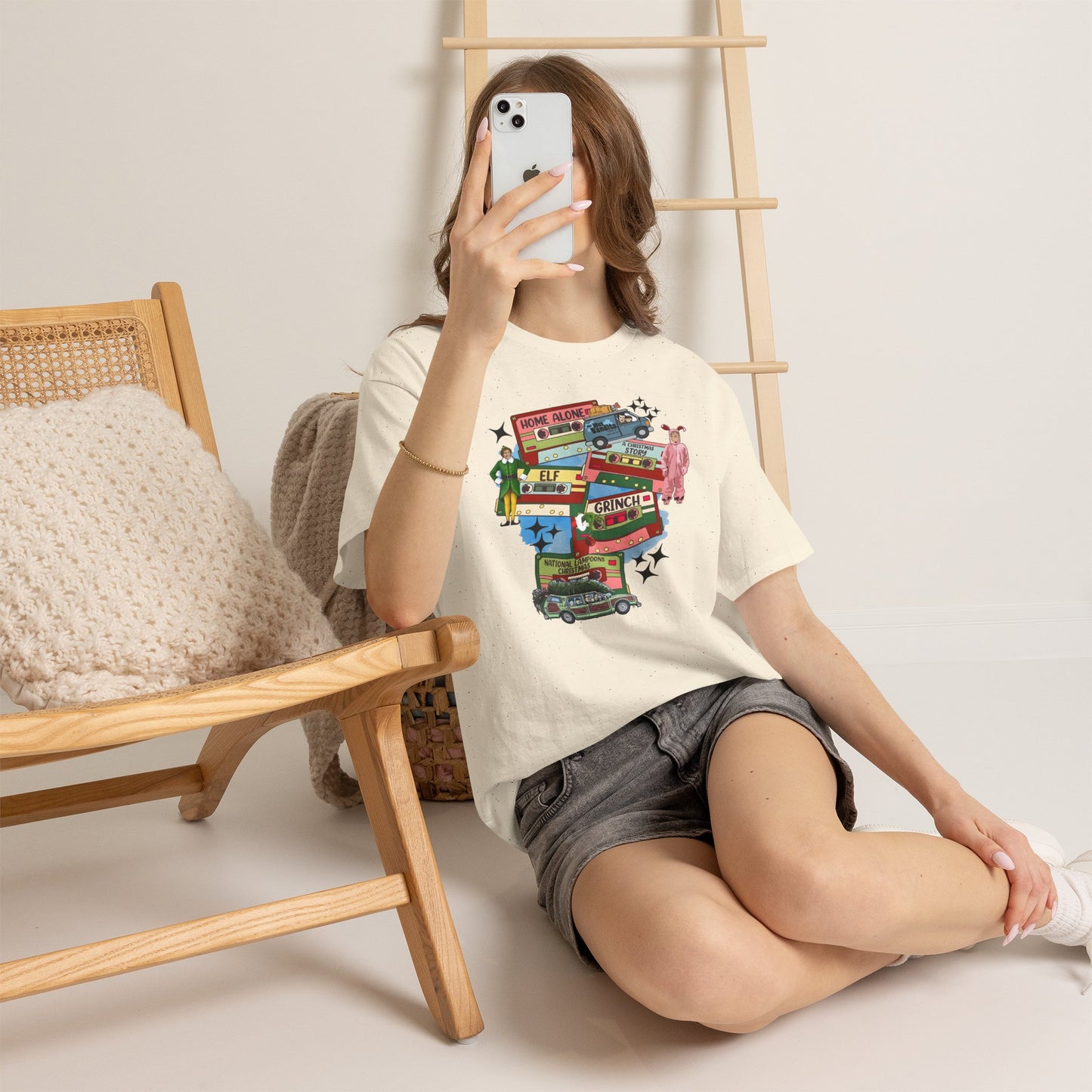 Retro Holiday Movie Stack T-Shirt — Elf, Grinch & Classic Christmas Cars Graphic Tee