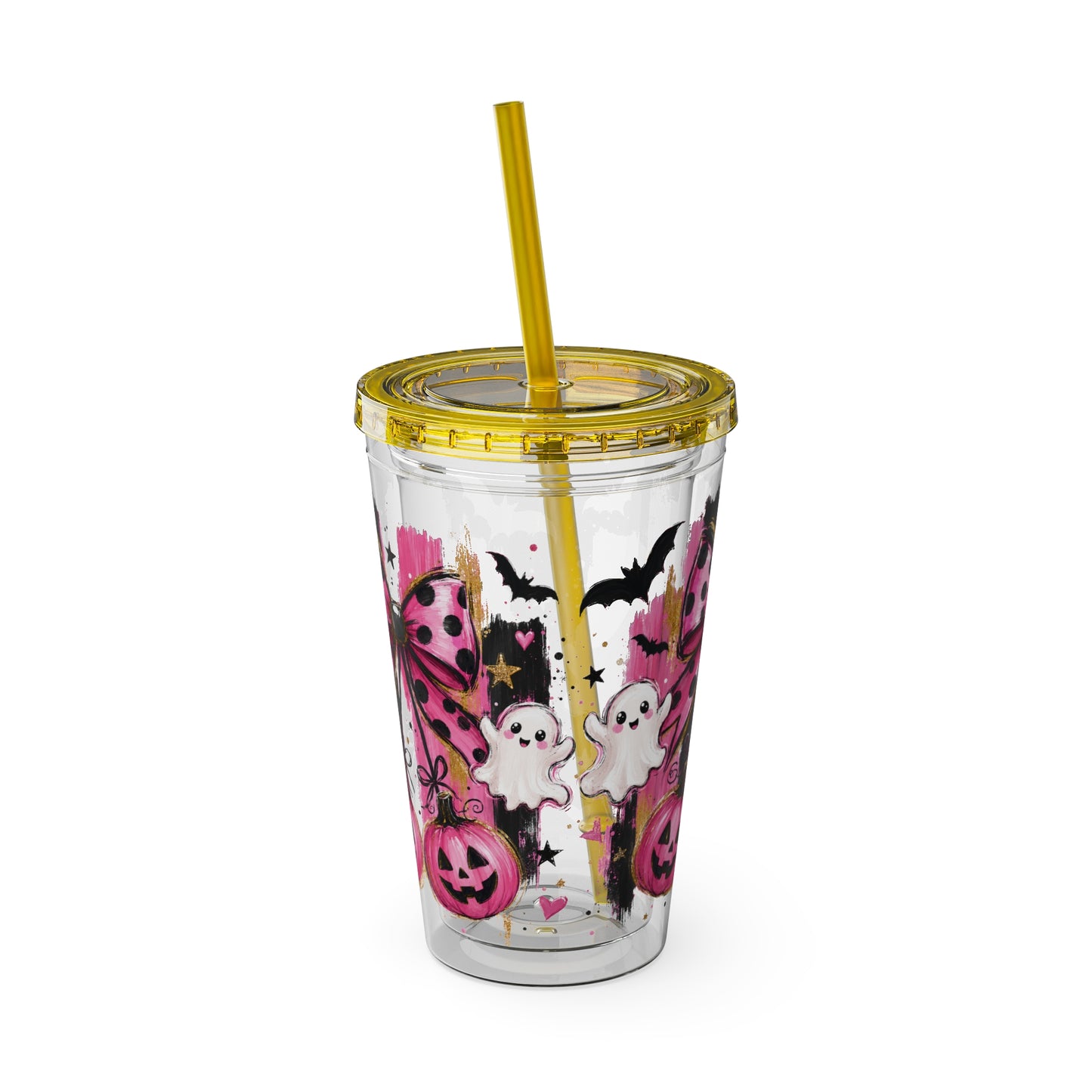 Halloween Pink Ghost Tumbler with Straw — 16oz Cute Pumpkin & Bow Drink Cup