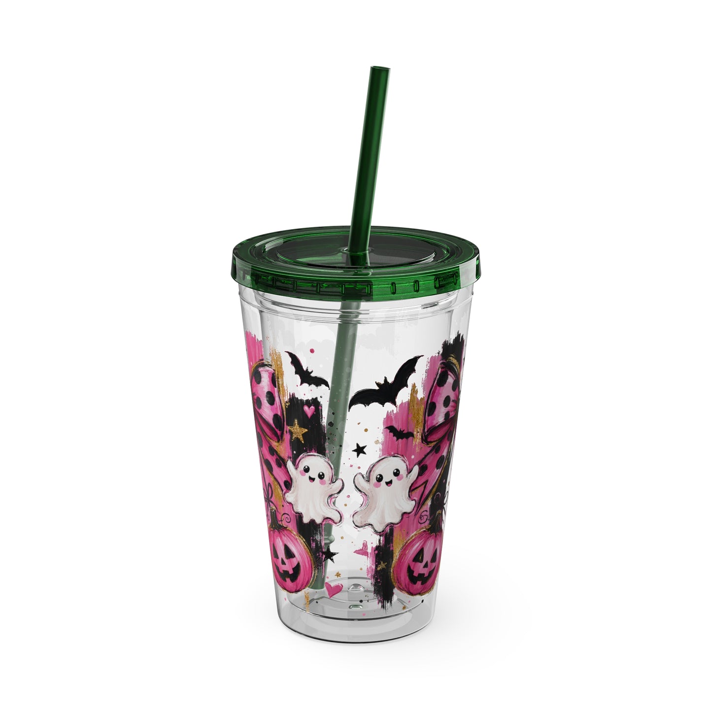 Halloween Pink Ghost Tumbler with Straw — 16oz Cute Pumpkin & Bow Drink Cup