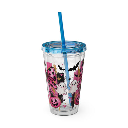 Halloween Pink Ghost Tumbler with Straw — 16oz Cute Pumpkin & Bow Drink Cup