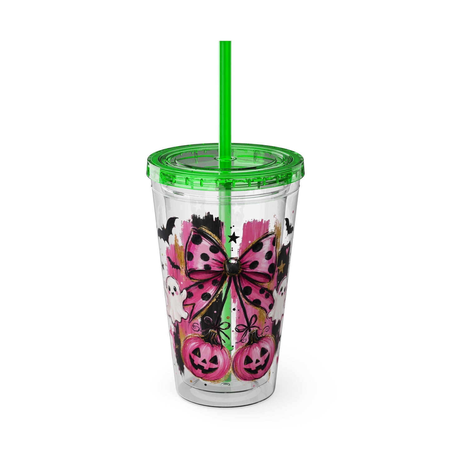 Halloween Pink Ghost Tumbler with Straw — 16oz Cute Pumpkin & Bow Drink Cup