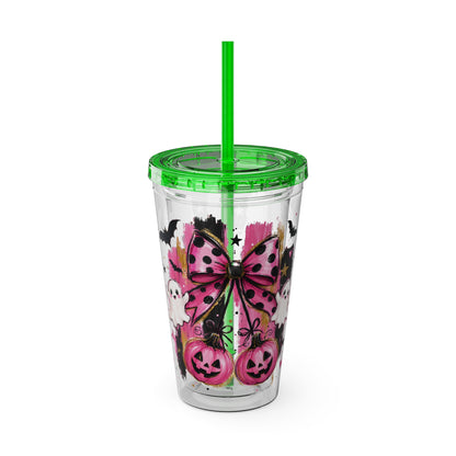Halloween Pink Ghost Tumbler with Straw — 16oz Cute Pumpkin & Bow Drink Cup