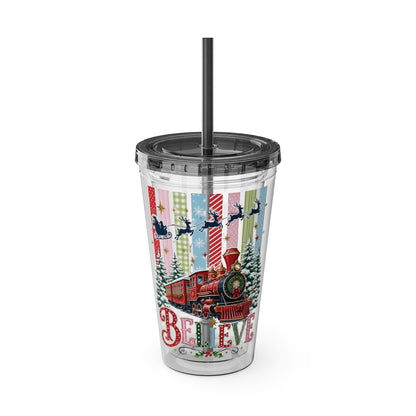 Believe Holiday Tumbler — Christmas Train 16oz Straw Cup