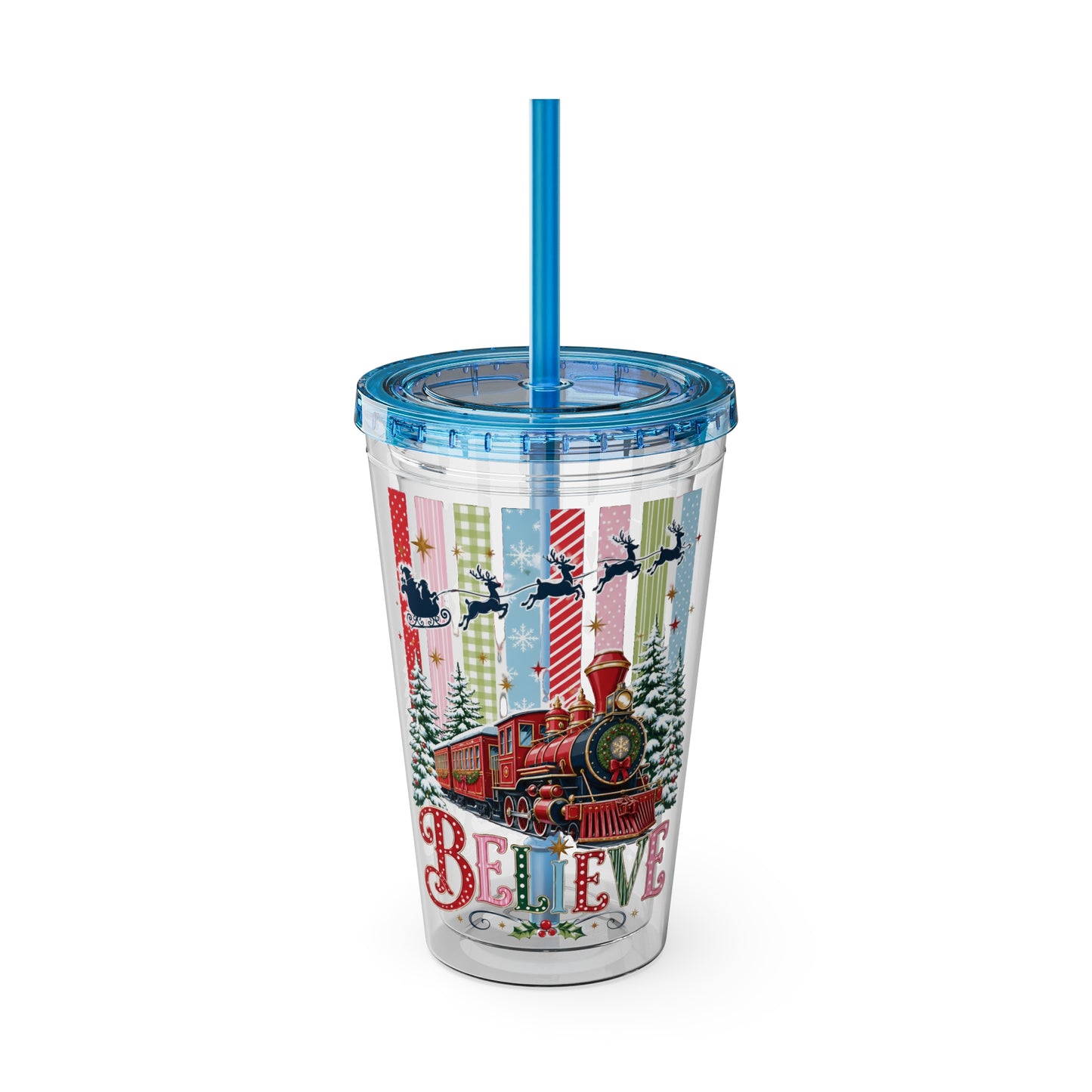 Believe Holiday Tumbler — Christmas Train 16oz Straw Cup