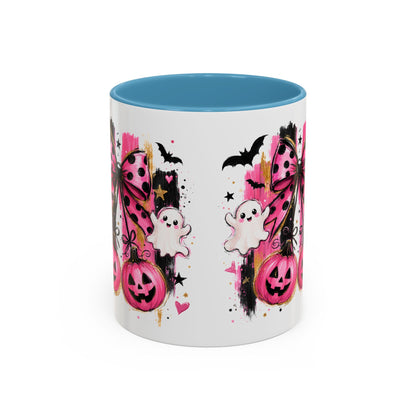 Halloween Pink Pumpkin Coffee Mug — Cute Ghosts & Bow Accent Mug (11/15oz)