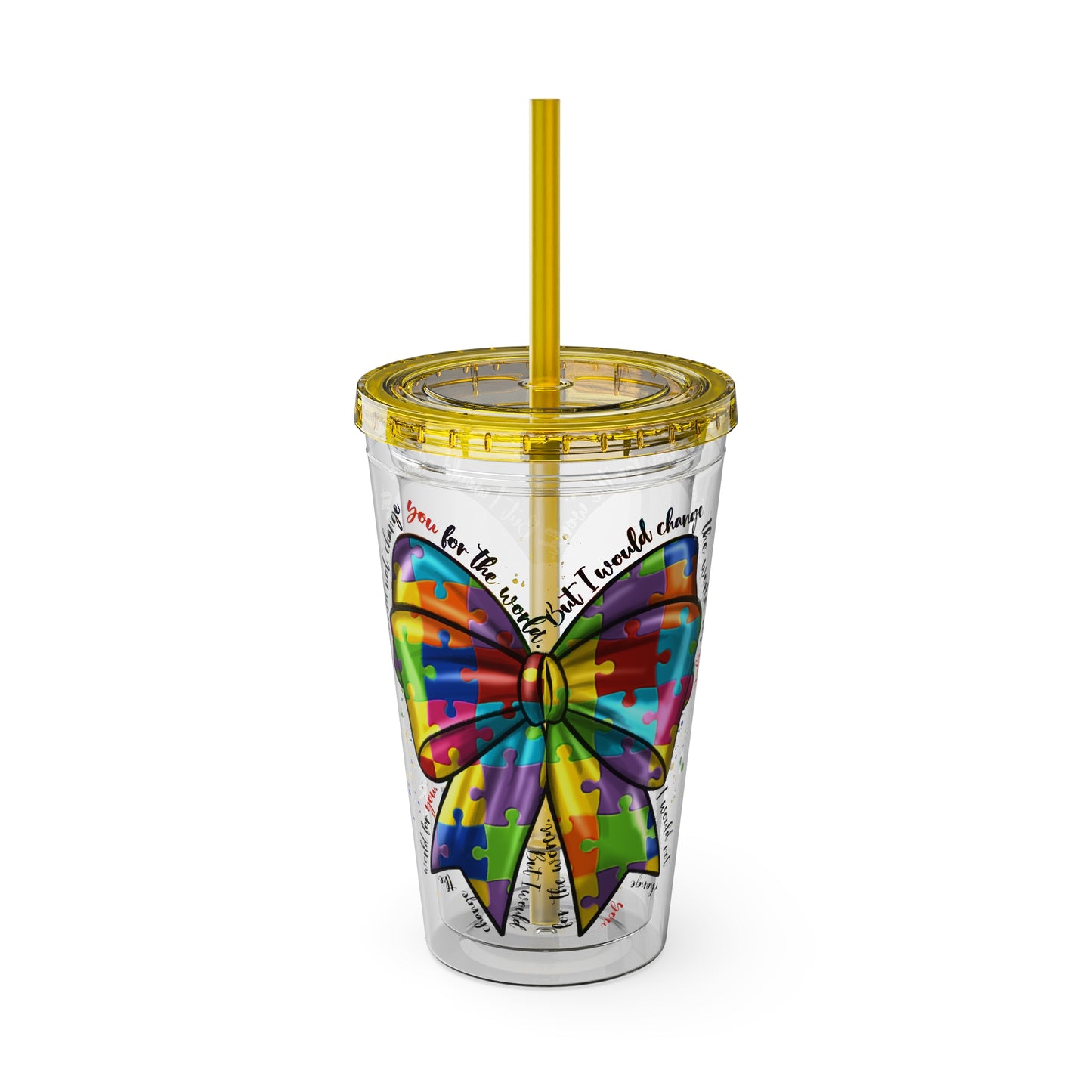 Autism Awareness Rainbow Puzzle Bow Tumbler with Straw, 16oz