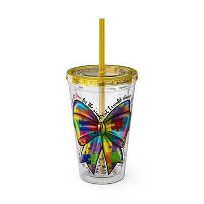 Autism Awareness Rainbow Puzzle Bow Tumbler with Straw, 16oz
