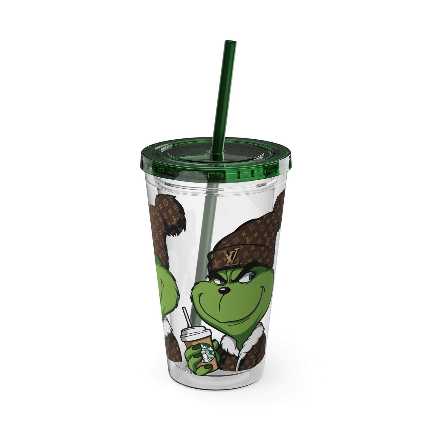 16oz Tumbler — Grinch in Designer Beanie Clear Straw Cup