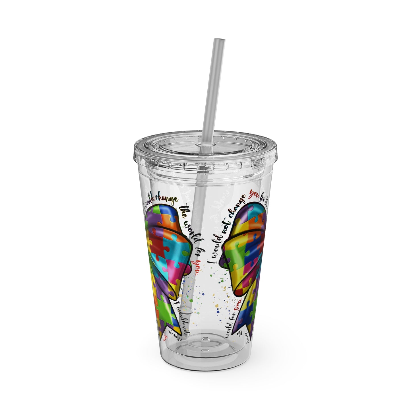 Autism Awareness Rainbow Puzzle Bow Tumbler with Straw, 16oz