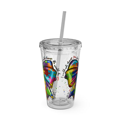 Autism Awareness Rainbow Puzzle Bow Tumbler with Straw, 16oz