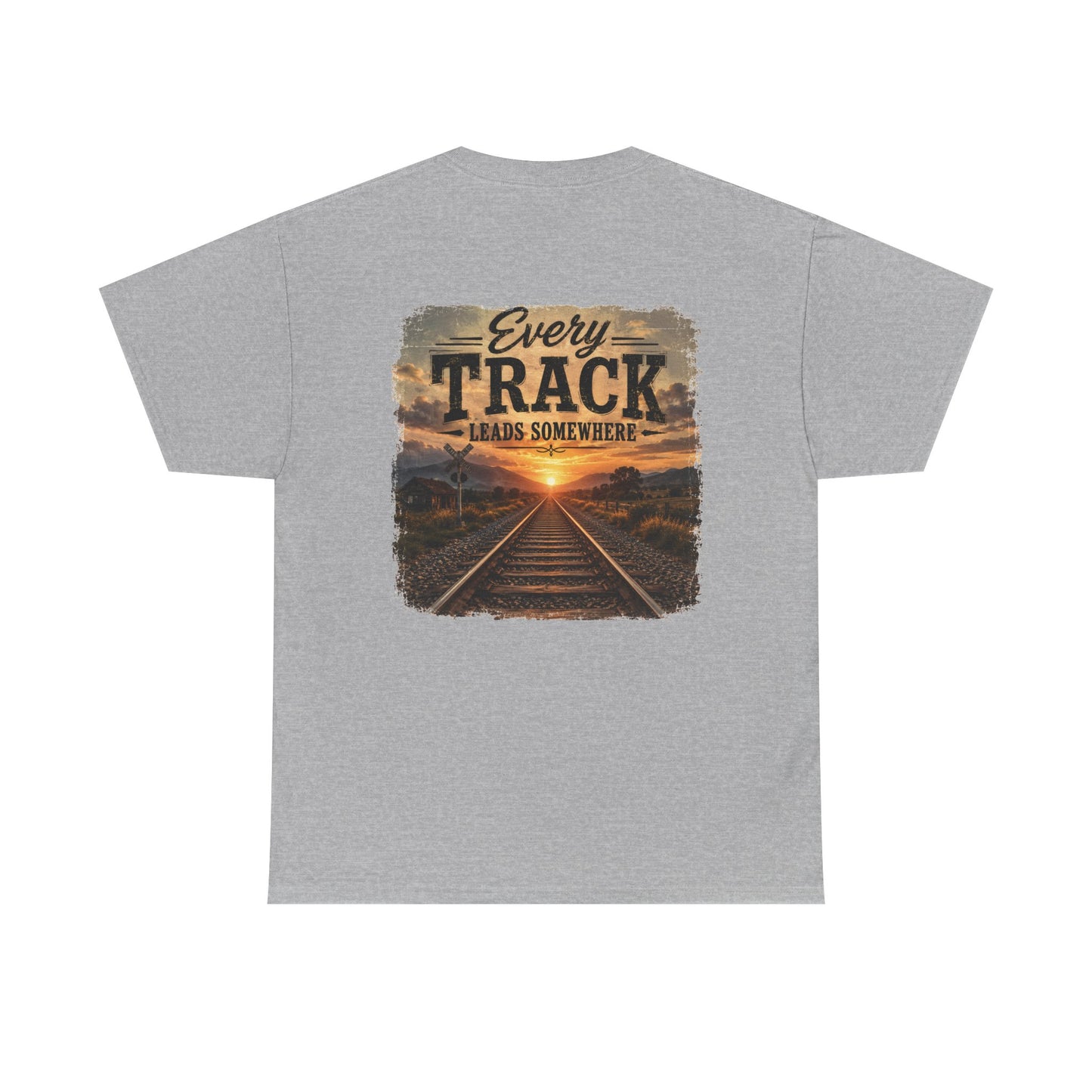 "Every Track Leads Somewhere" Sunset Railroad Graphic Tee
