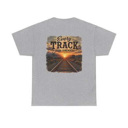 "Every Track Leads Somewhere" Sunset Railroad Graphic Tee