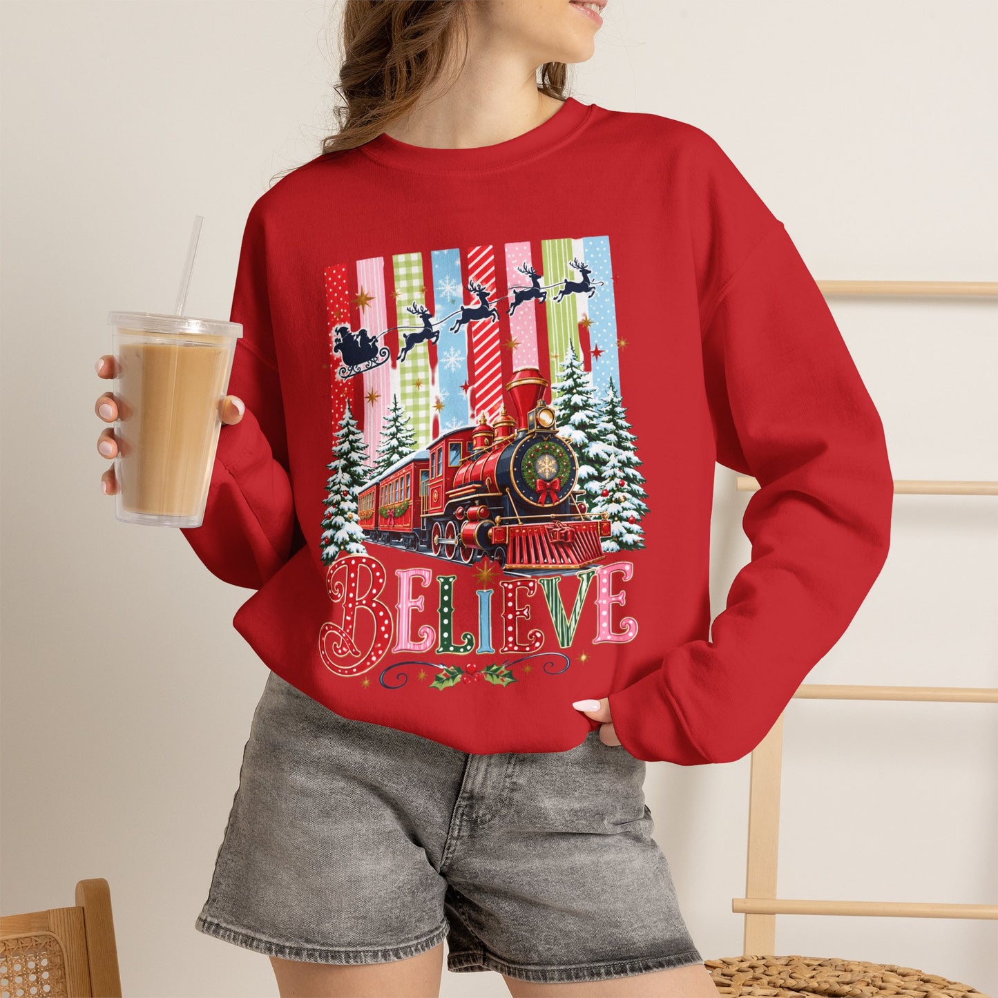 Believe Christmas Crewneck Sweatshirt — Vintage Holiday Train & Santa Silhouette
