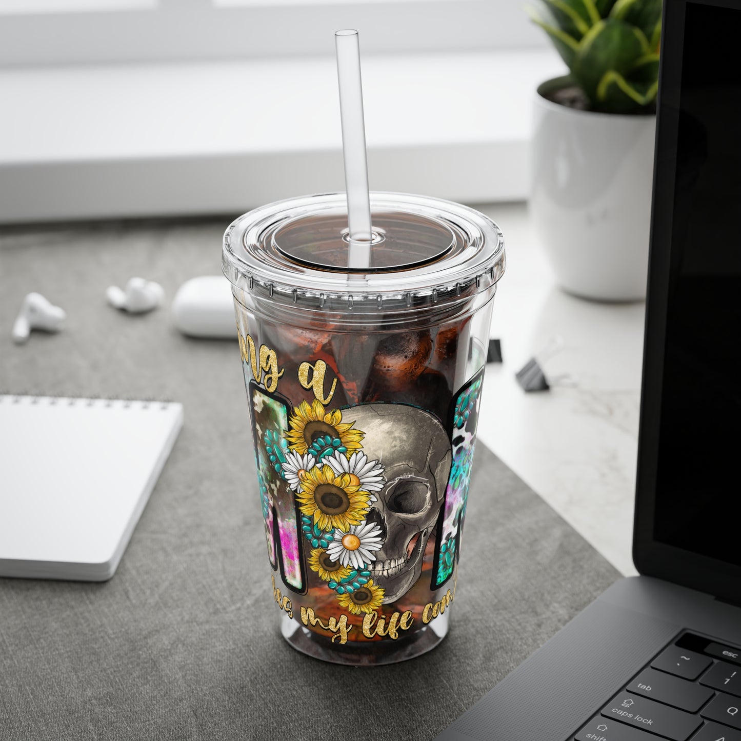 16oz Tumbler with Straw - "Being You" Floral Skull Cold Drink Cup Sunsplash Skull & Sunflower