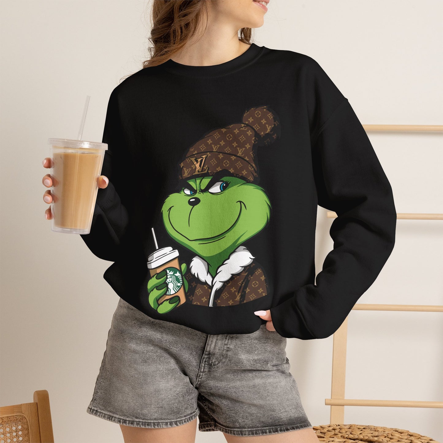 Grinch Winter Cozy Crewneck Sweatshirt — Holiday Coffee Graphic