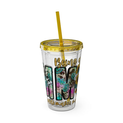 16oz Tumbler with Straw - "Being You" Floral Skull Cold Drink Cup Sunsplash Skull & Sunflower