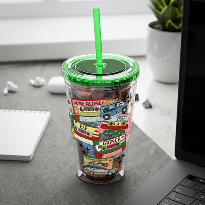 Holiday Movie Vans 16oz Tumbler with Straw – Christmas Classics Design (Home Alone, Elf, Grinch)