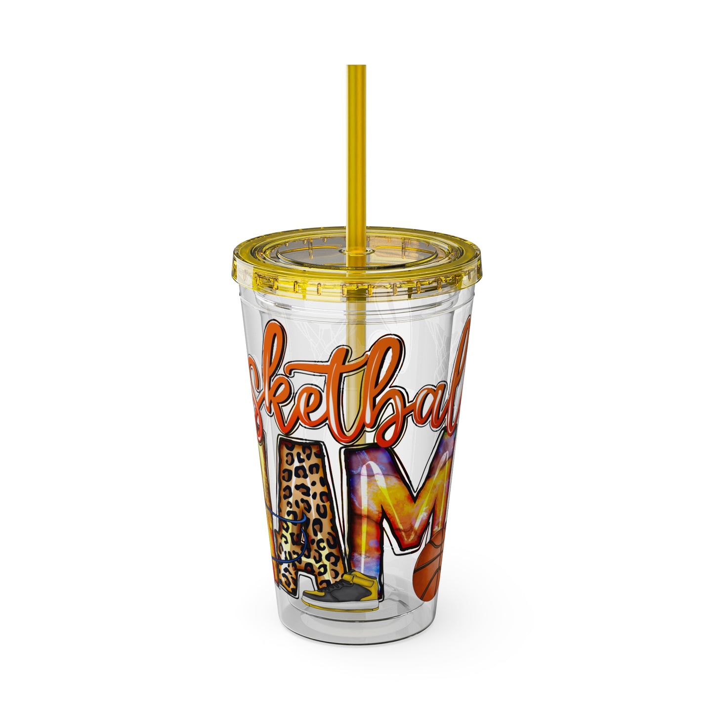 Basketball Mom 16oz Tumbler with Straw — Leopard & Plaid Sunsplash Design