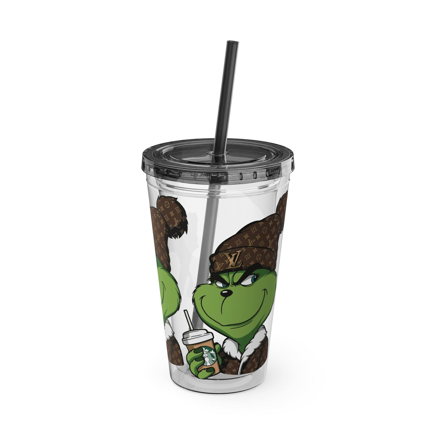 16oz Tumbler — Grinch in Designer Beanie Clear Straw Cup