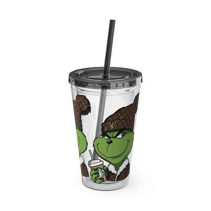 16oz Tumbler — Grinch in Designer Beanie Clear Straw Cup