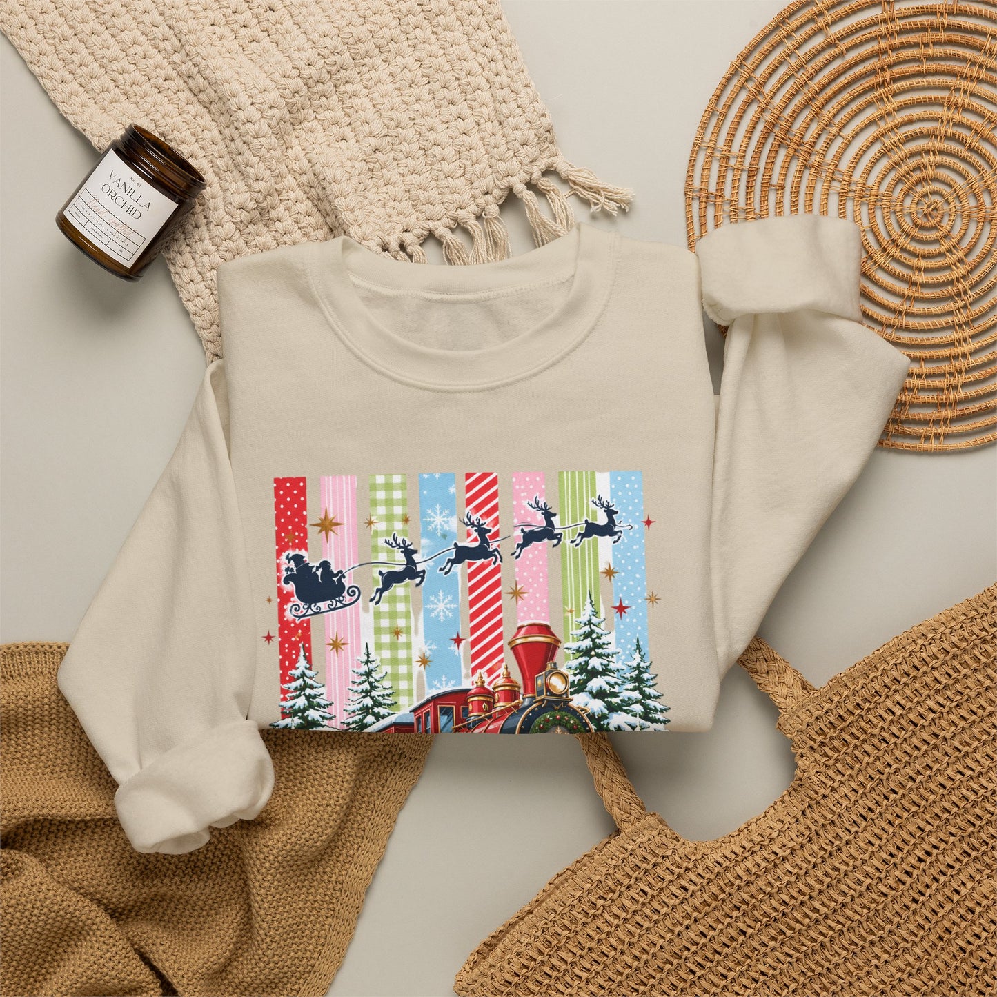 Believe Christmas Crewneck Sweatshirt — Vintage Holiday Train & Santa Silhouette