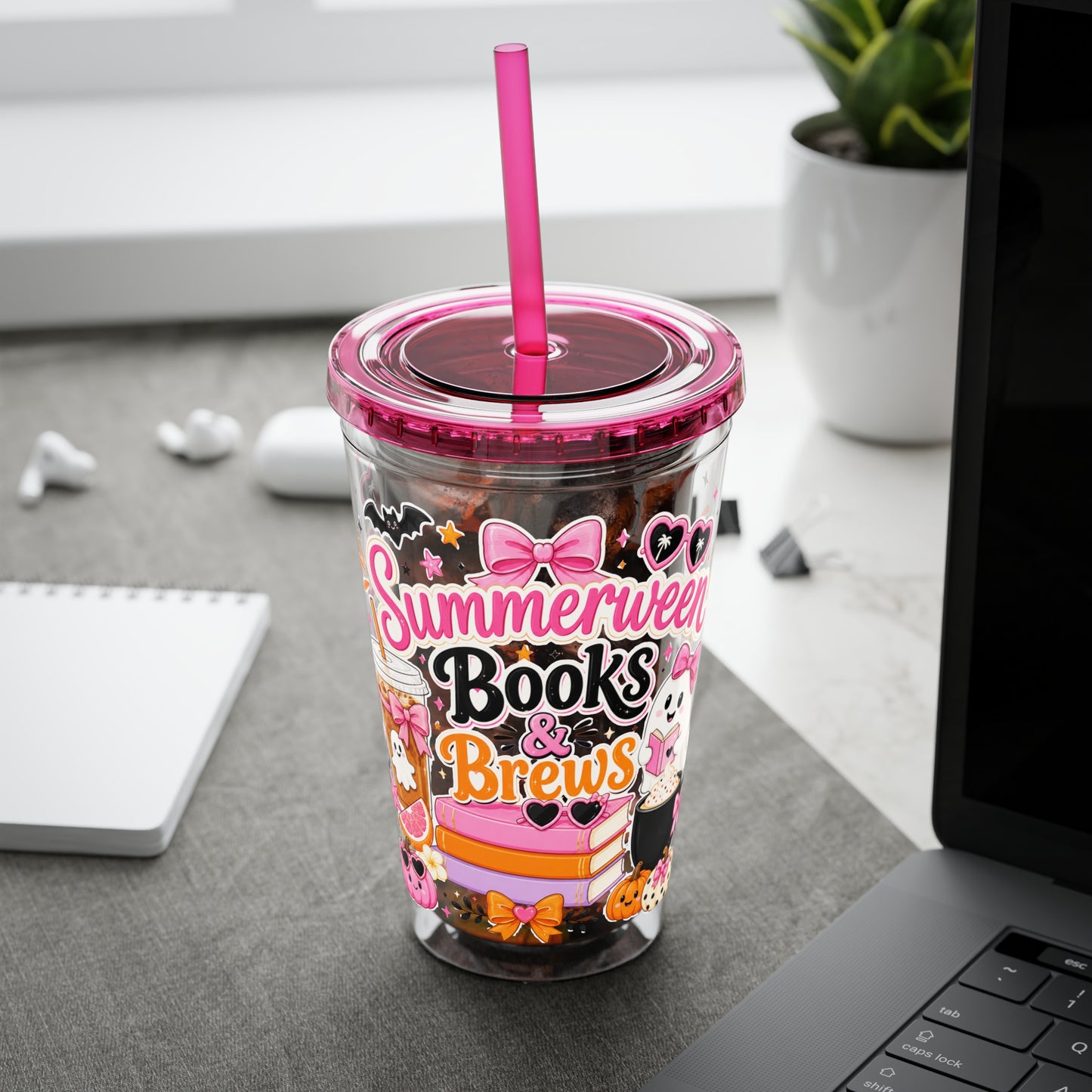 Summerween Books & Brews Tumbler — 16oz Straw Cup for Book Lovers