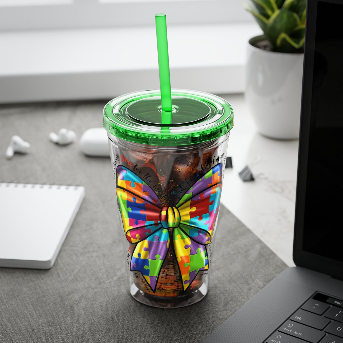 Autism Awareness Rainbow Puzzle Bow Tumbler with Straw, 16oz