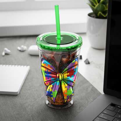 Autism Awareness Rainbow Puzzle Bow Tumbler with Straw, 16oz