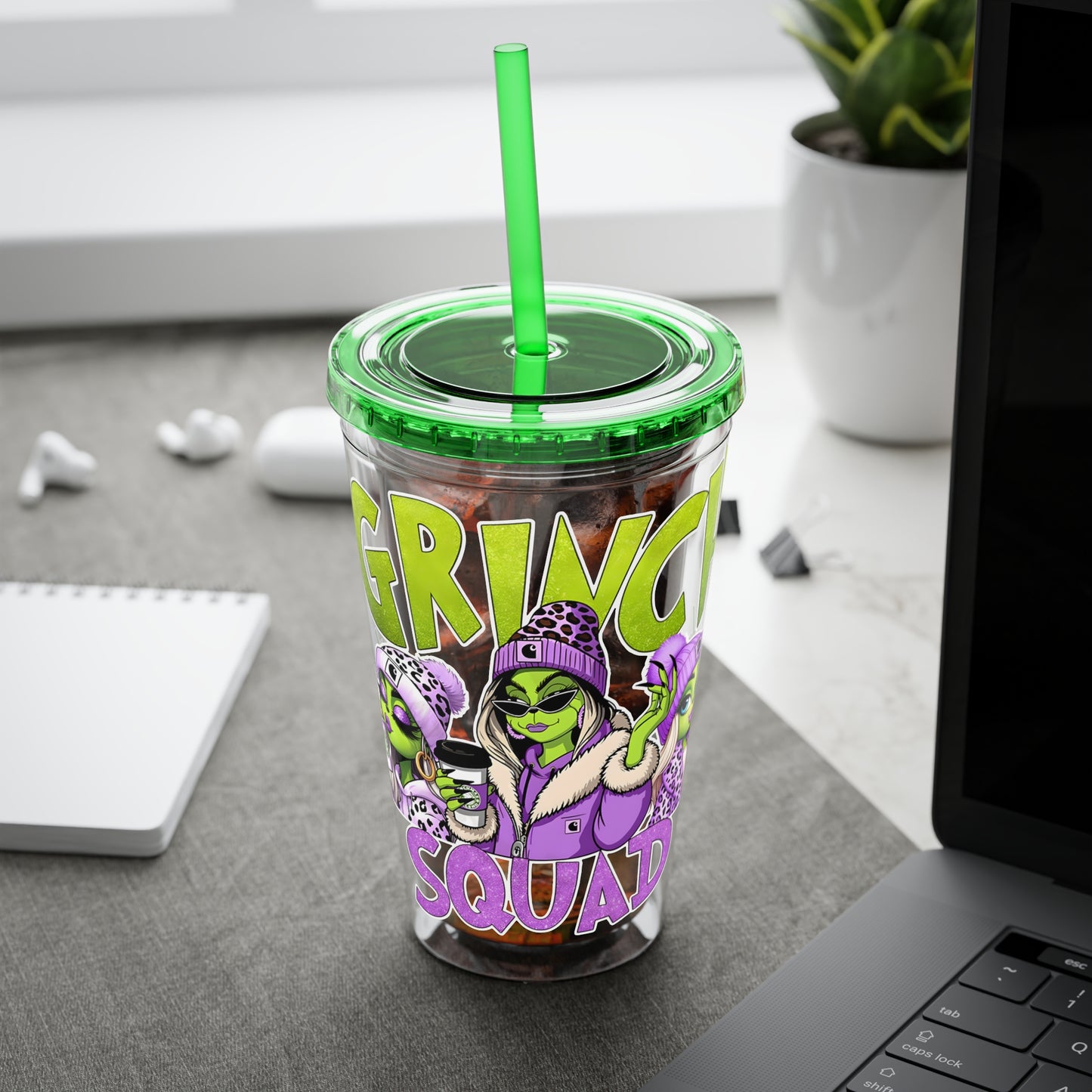 Grinch Squad 16oz Tumbler with Straw — Holiday Party Drink Cup