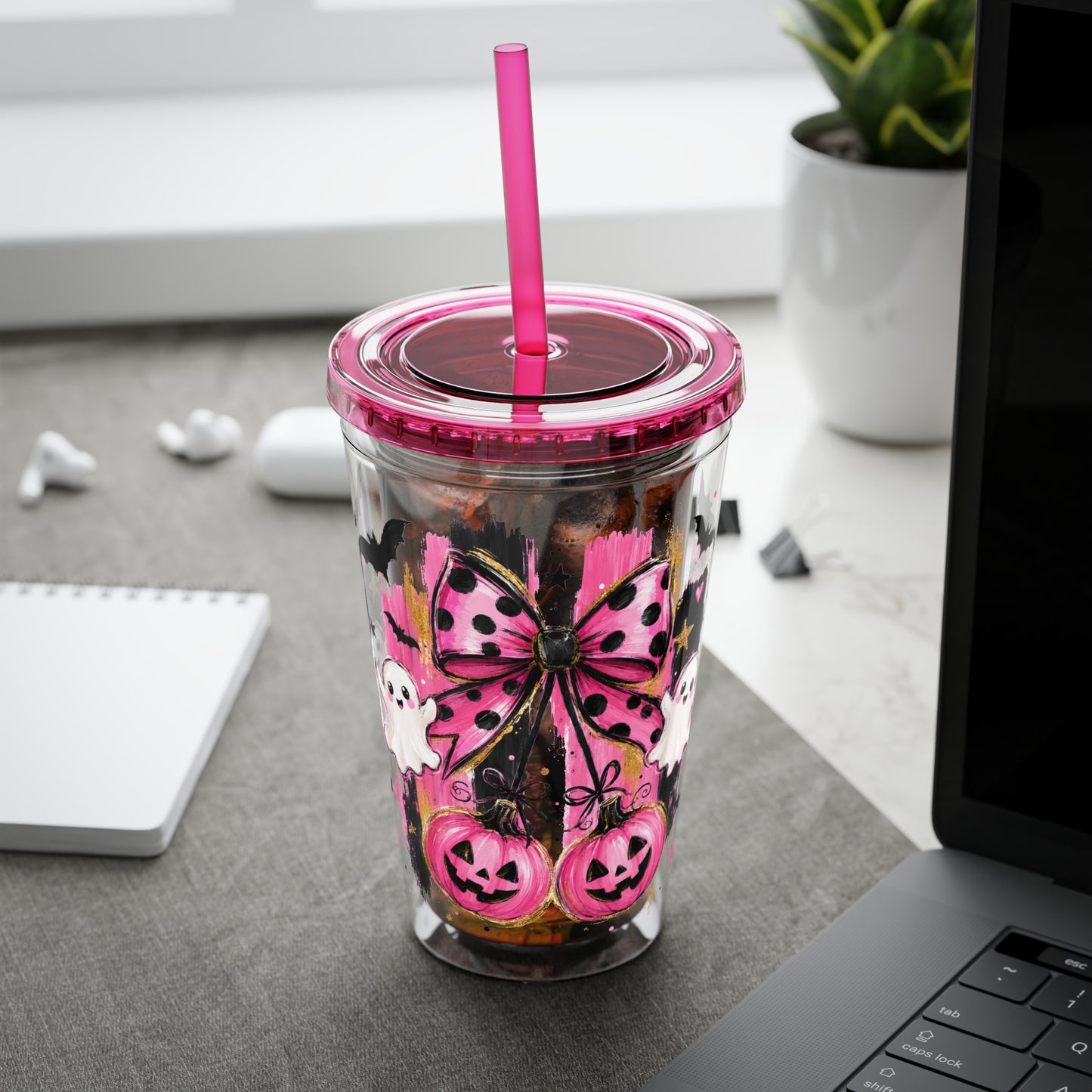 Halloween Pink Ghost Tumbler with Straw — 16oz Cute Pumpkin & Bow Drink Cup