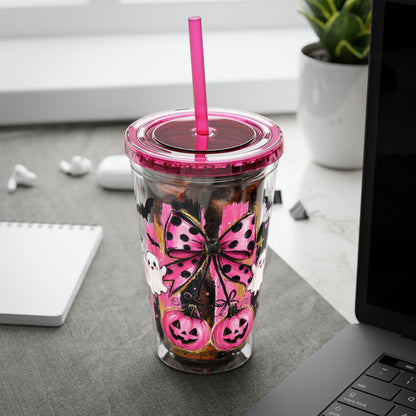 Halloween Pink Ghost Tumbler with Straw — 16oz Cute Pumpkin & Bow Drink Cup
