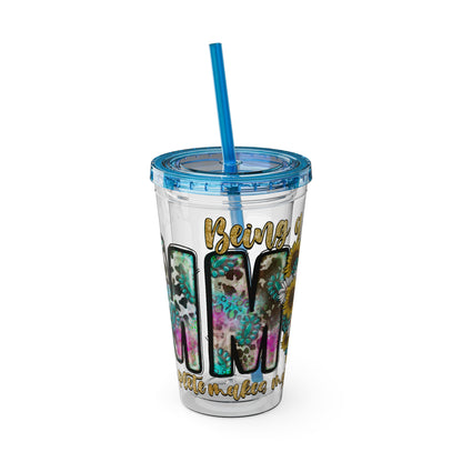 16oz Tumbler with Straw - "Being You" Floral Skull Cold Drink Cup Sunsplash Skull & Sunflower