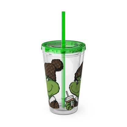 16oz Tumbler — Grinch in Designer Beanie Clear Straw Cup