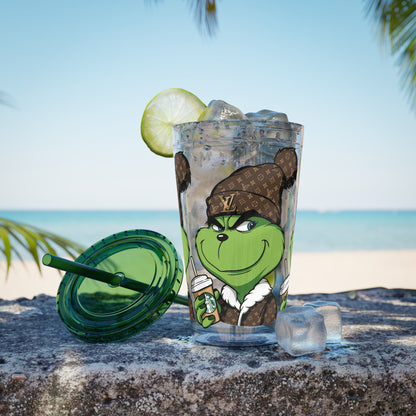16oz Tumbler — Grinch in Designer Beanie Clear Straw Cup
