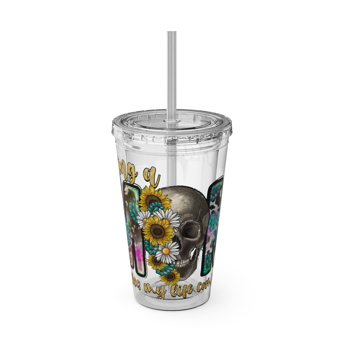 16oz Tumbler with Straw - "Being You" Floral Skull Cold Drink Cup Sunsplash Skull & Sunflower