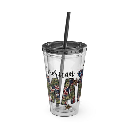 Patriotic Mama 16oz Tumbler with Straw — All American Floral Flag Design