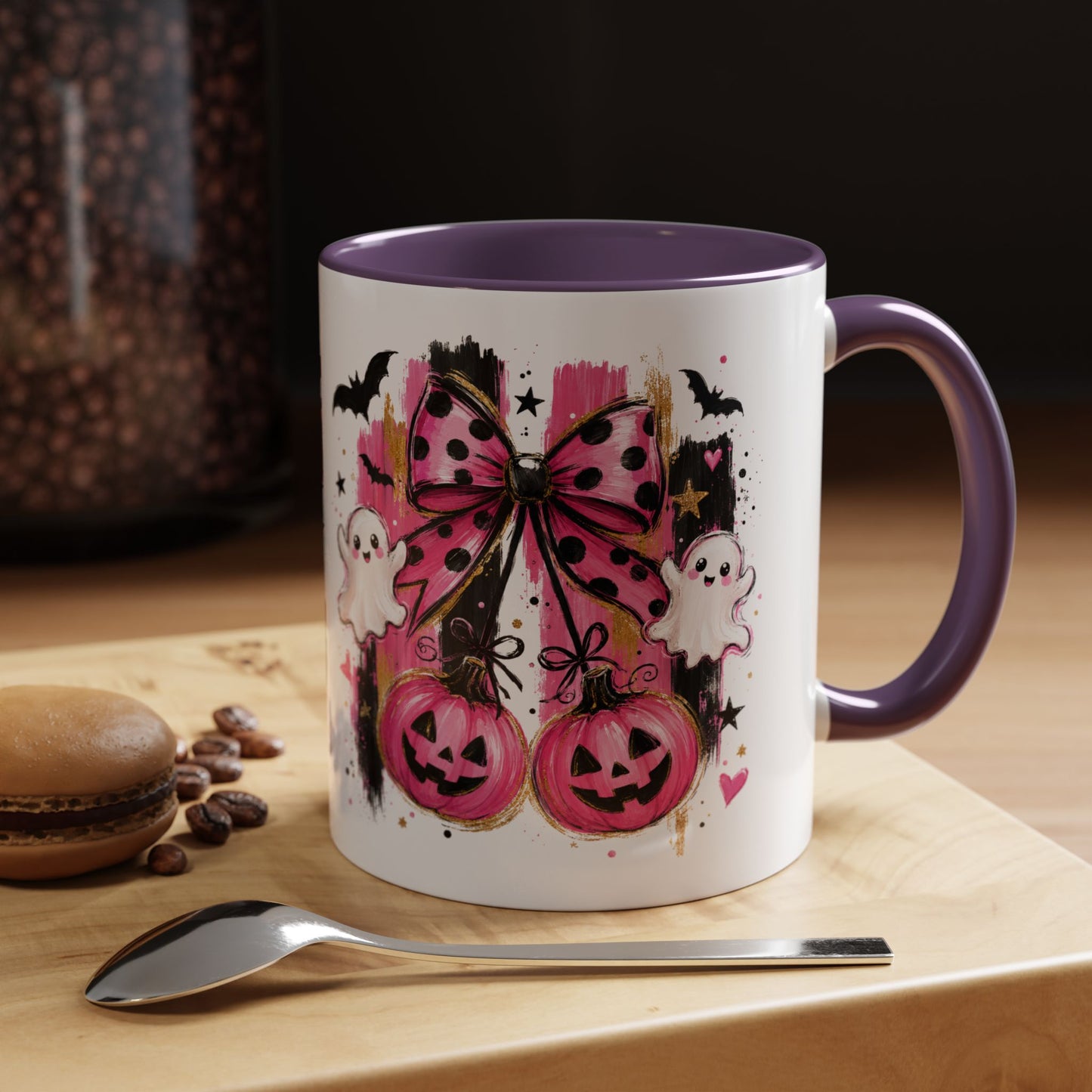 Halloween Pink Pumpkin Coffee Mug — Cute Ghosts & Bow Accent Mug (11/15oz)