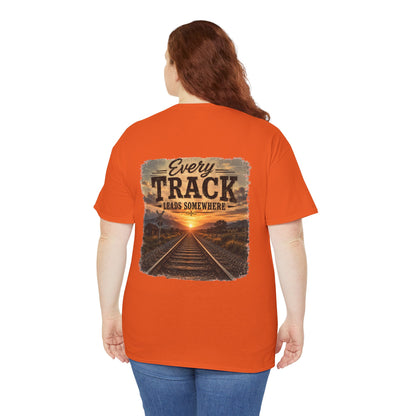 "Every Track Leads Somewhere" Sunset Railroad Graphic Tee