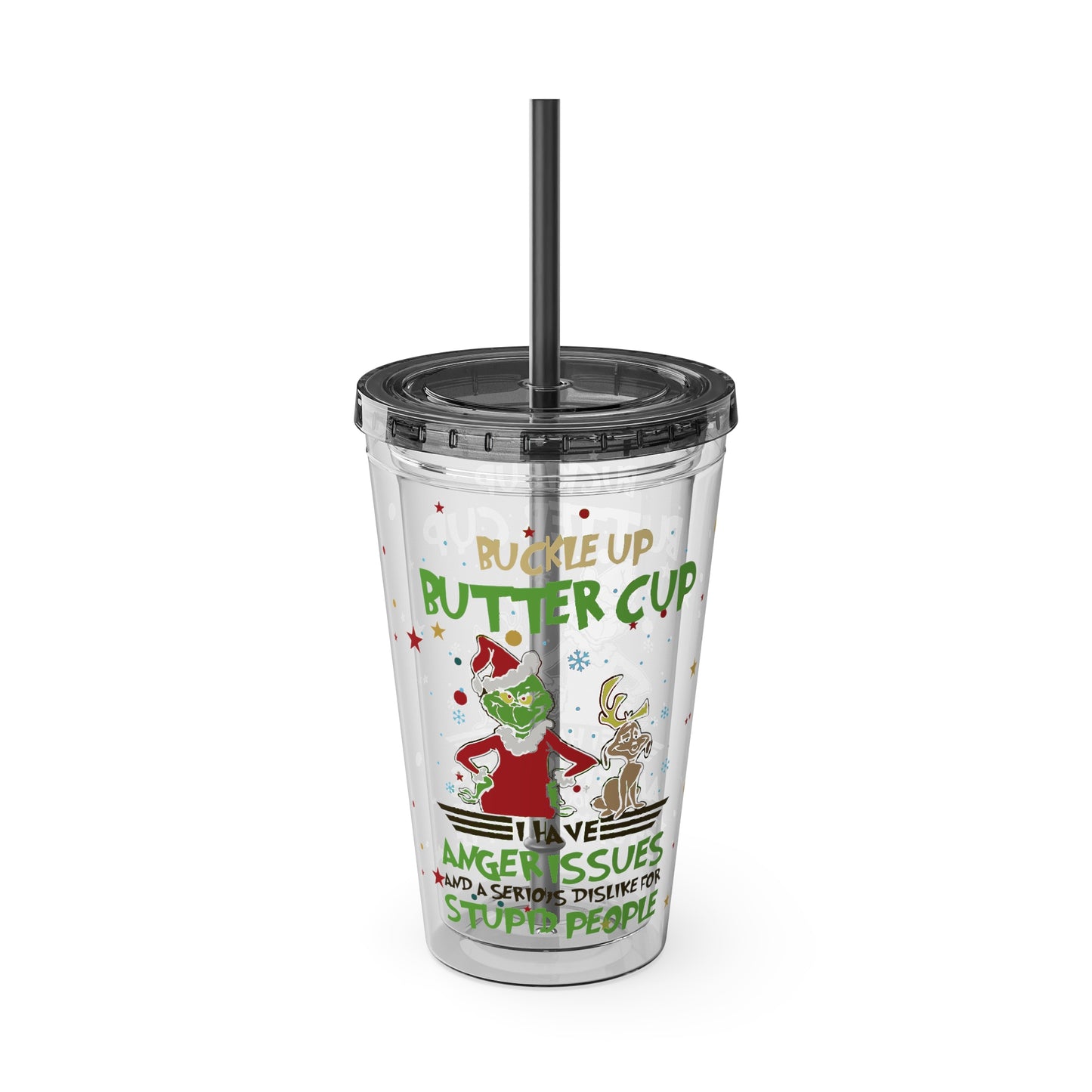 16oz Tumbler with Straw — 'Buckle Up Buttercup' Grinch Holiday Travel Cup