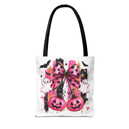 Halloween Pink Bow Tote Bag — Cute Ghosts & Jack-o'-Lanterns AOP