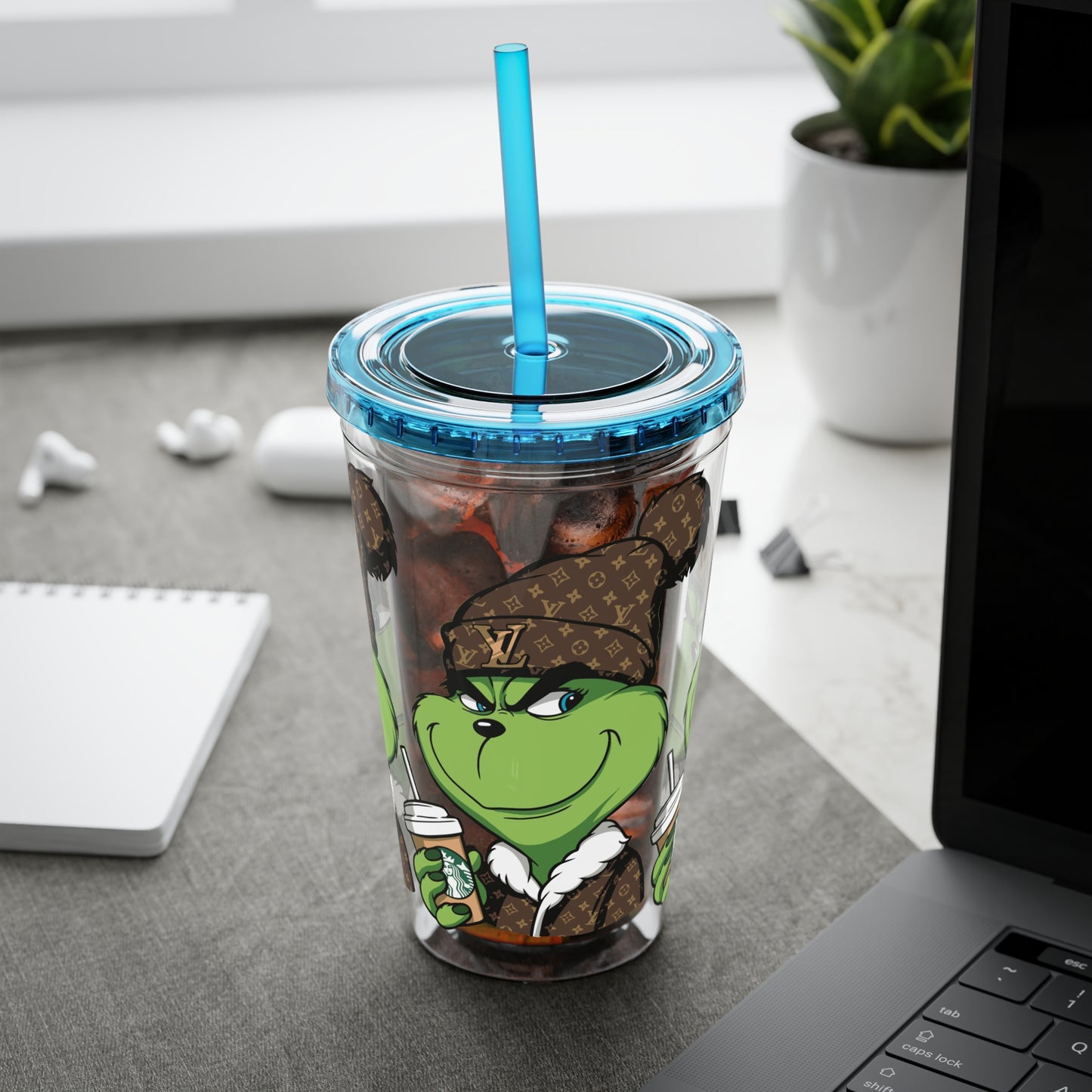 16oz Tumbler — Grinch in Designer Beanie Clear Straw Cup