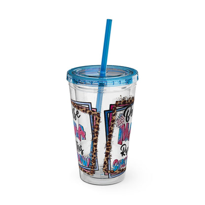 16oz Tumbler with Straw — "Because Mama Runs This…" Leopard Accent Travel Cup