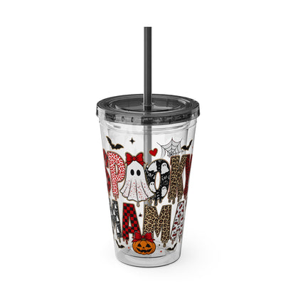 Halloween Mama 16oz Straw Tumbler – Cute Ghost & Pumpkin Party Drink Cup