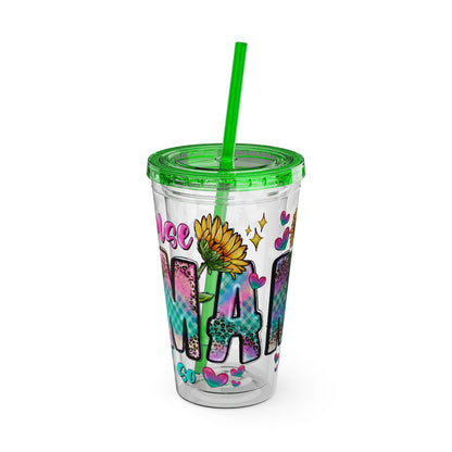 16oz Sunsplash Tumbler with Straw — Floral 'Because I Am' Colorful Sunflower Design