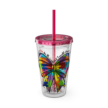 Autism Awareness Rainbow Puzzle Bow Tumbler with Straw, 16oz