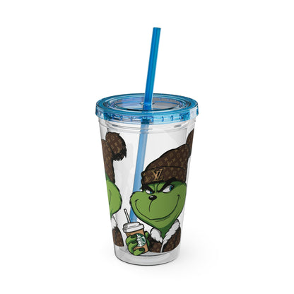 16oz Tumbler — Grinch in Designer Beanie Clear Straw Cup