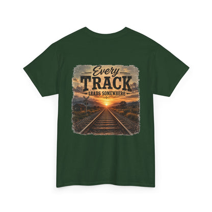 "Every Track Leads Somewhere" Sunset Railroad Graphic Tee