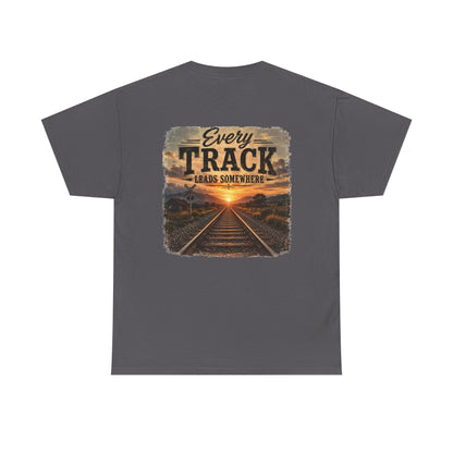 "Every Track Leads Somewhere" Sunset Railroad Graphic Tee