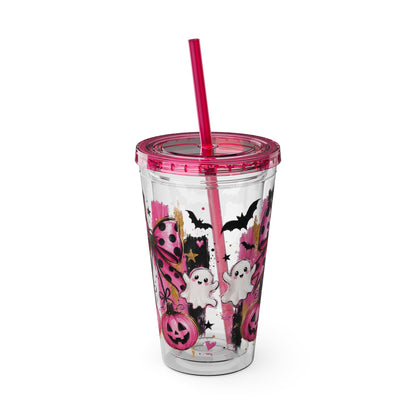 Halloween Pink Ghost Tumbler with Straw — 16oz Cute Pumpkin & Bow Drink Cup
