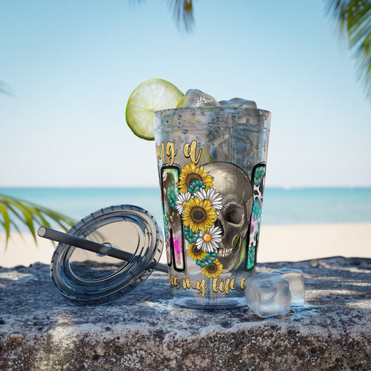 16oz Tumbler with Straw - "Being You" Floral Skull Cold Drink Cup Sunsplash Skull & Sunflower